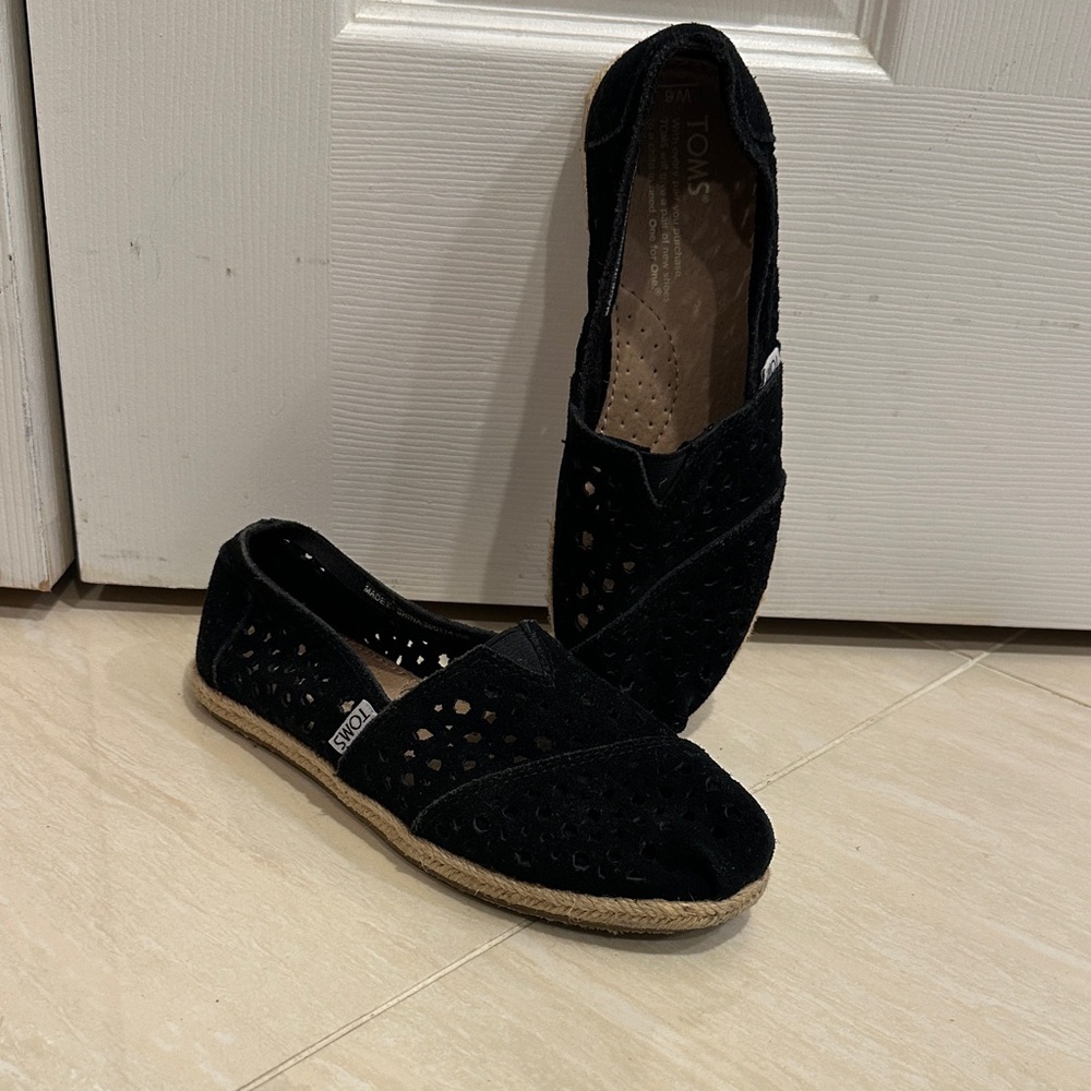 Toms Black Perforated Suede Espadrille Flats